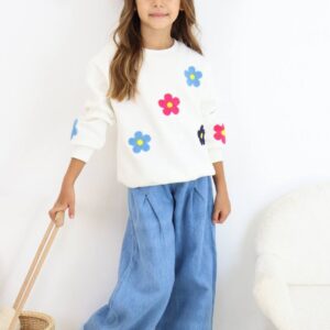 Kız Çocuk Şardonlu Papatya Panç Desen Sweat Kot Pantolon Takım