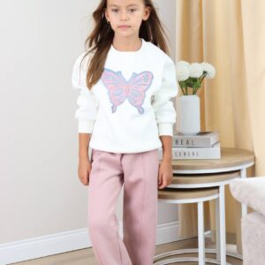 Kız Çocuk Şardonlu Boru Paça Kelebek Nakışlı Takım
