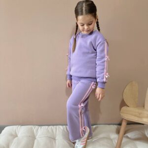 Kurdele Şerit Detaylı Kız Çocuk Şardonlu Alt Üst Takım