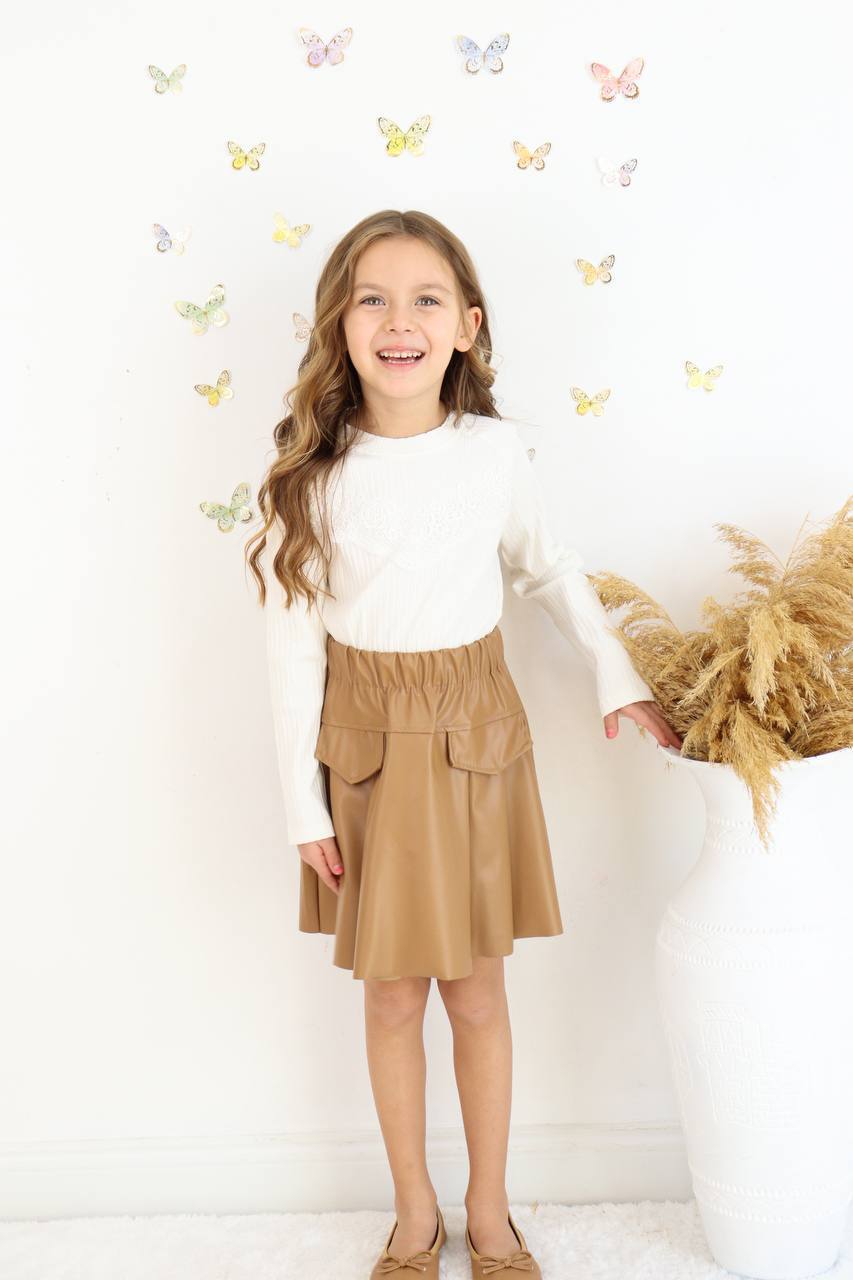 Kız Çocuk Deri Etekli Dantel Detaylı Bluz Takım - Görsel 2