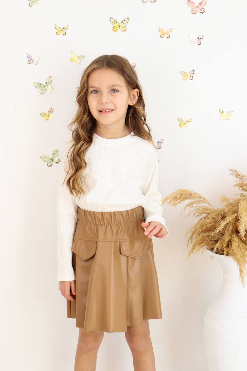 Kız Çocuk Deri Etekli Dantel Detaylı Bluz Takım - Görsel 3
