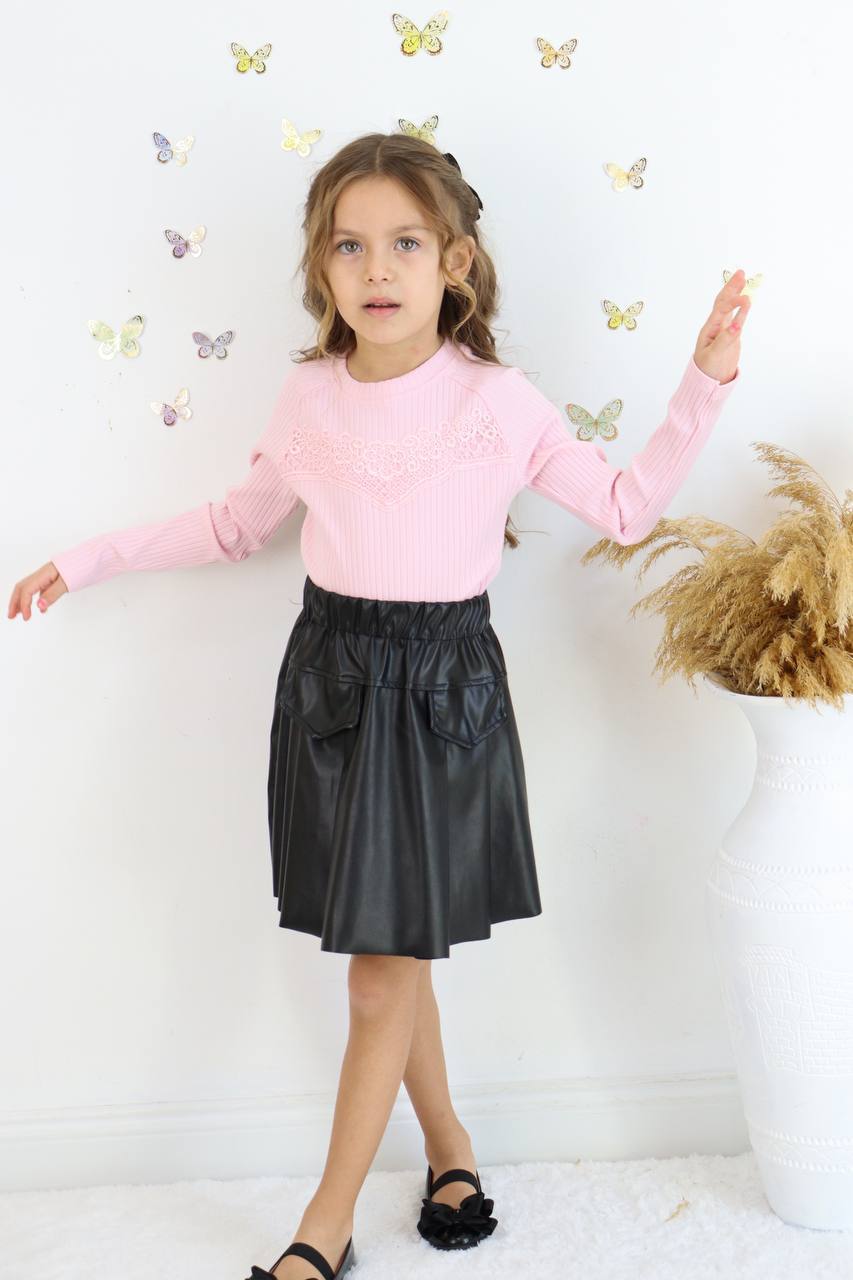 Kız Çocuk Deri Etekli Dantel Detaylı Bluz Takım - Görsel 4