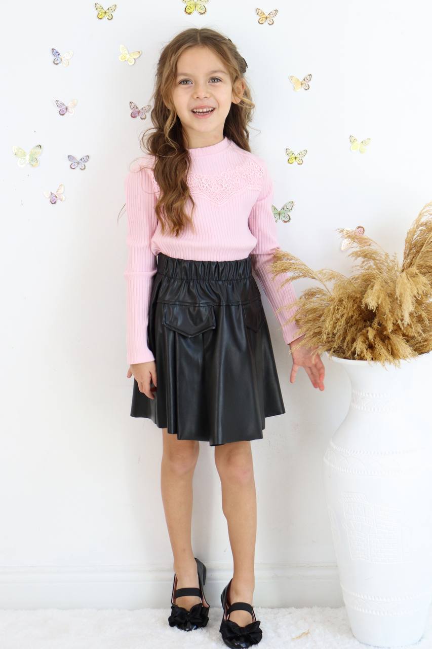 Kız Çocuk Deri Etekli Dantel Detaylı Bluz Takım - Görsel 5