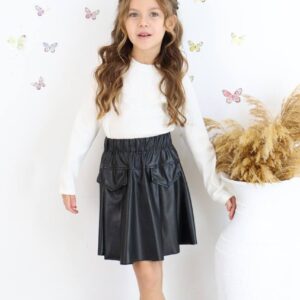 Kız Çocuk Deri Etekli Dantel Detaylı Bluz Takım