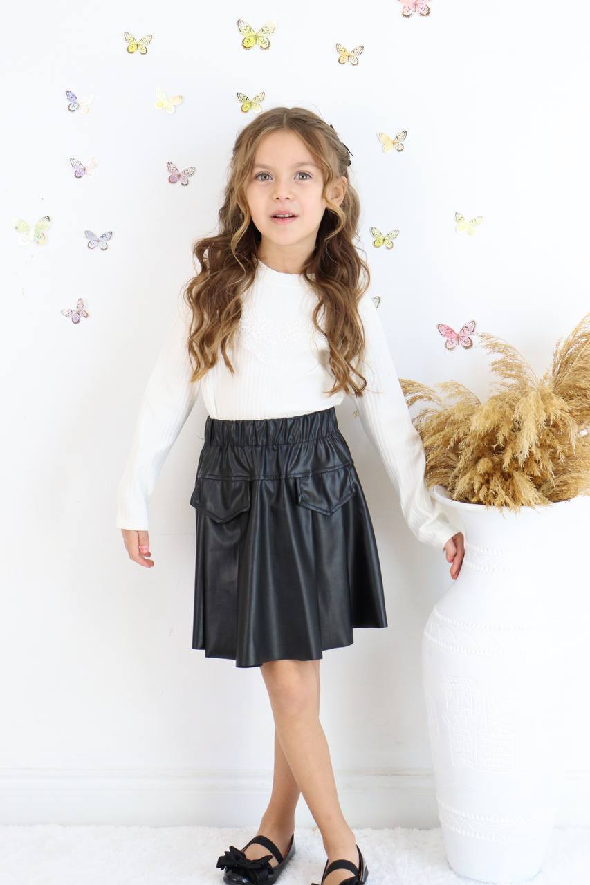 Kız Çocuk Deri Etekli Dantel Detaylı Bluz Takım