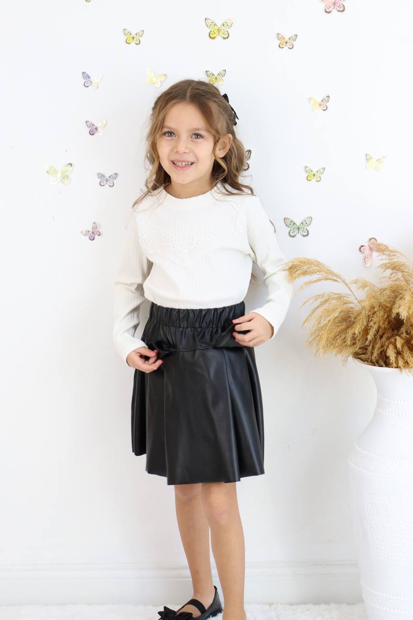 Kız Çocuk Deri Etekli Dantel Detaylı Bluz Takım - Görsel 8