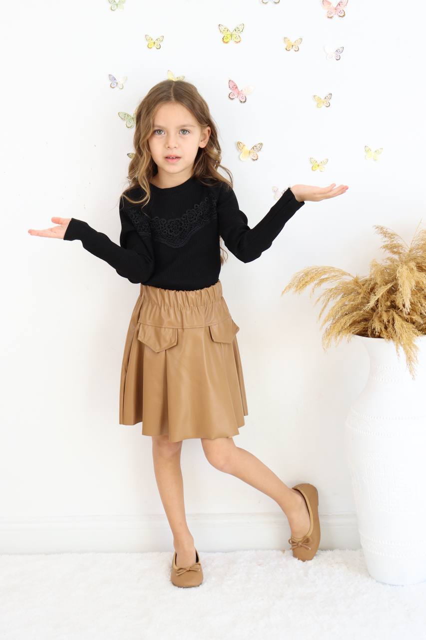 Kız Çocuk Deri Etekli Dantel Detaylı Bluz Takım - Görsel 7