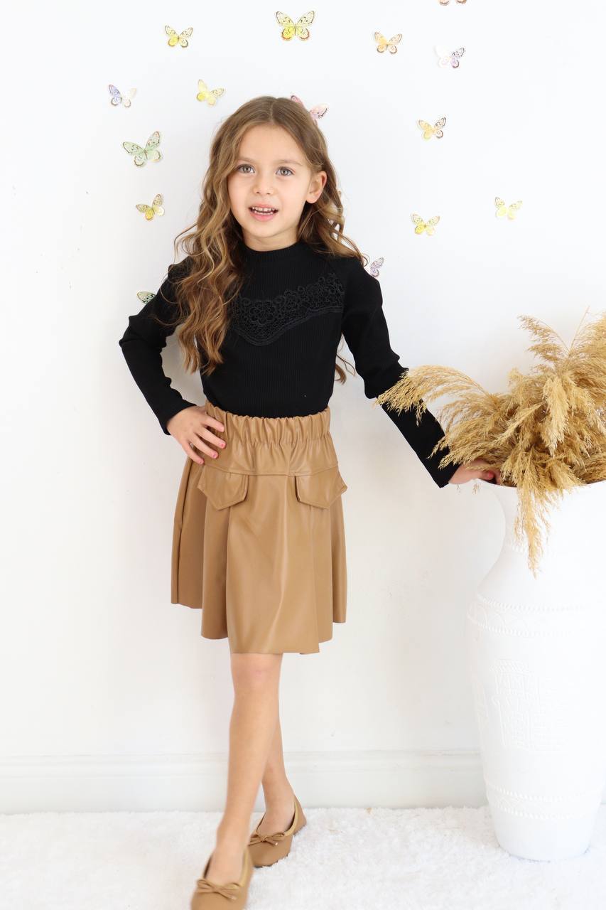 Kız Çocuk Deri Etekli Dantel Detaylı Bluz Takım - Görsel 6