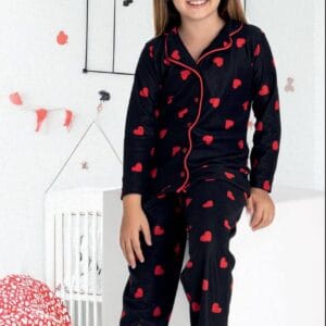 Kız Çocuk Süet Kumaş Düğmeli Kalpli Pijama Takımı