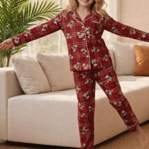 Düğmeli Ayıcıklı Süet Kumaş Pijama Takımı