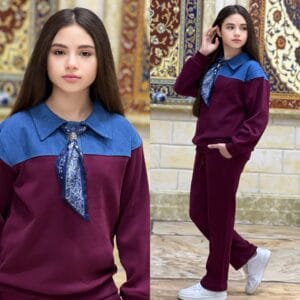 Kız Çocuk Fularlı Kot Parçalı Pamuklu Fitilli Kumaş Takım