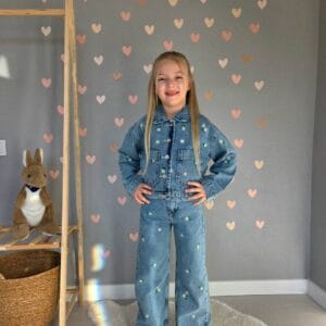 Kız Çocuk Papatya Nakışlı Kot Pantolon Ceket Takım