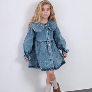 Kız Çocuk Boncuk ve Taşlı Kot Elbise