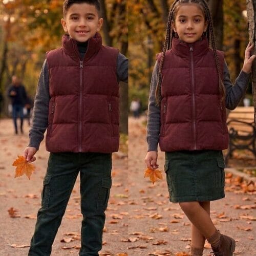 Unisex Çocuk Dik Yaka Cepli Astarlı Nova Kumaş Şişme Yelek Bordo