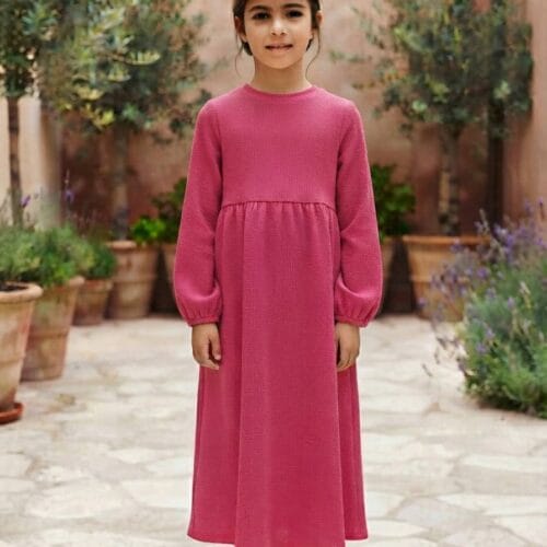 Bürümcük Kumaş Owersize Bilek Boy Uzun Kollu Elbise Fuşya