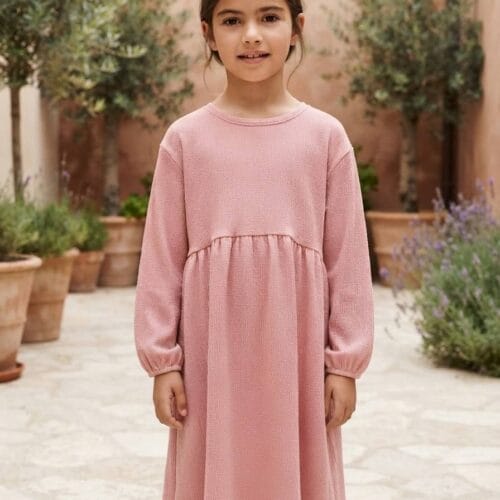 Bürümcük Kumaş Owersize Bilek Boy Uzun Kollu Elbise Pudra